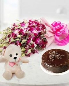 Chocolate Cake , Purple Orchid Bunch With 8 Inches Teddy