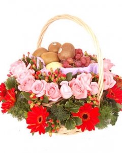 24 Pink roses. 10 gerbera & 6 items fruits